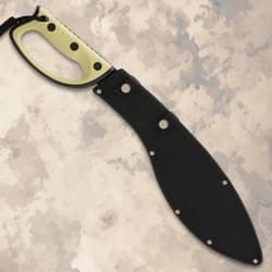 Kukri knife in black sheath with yellow handle