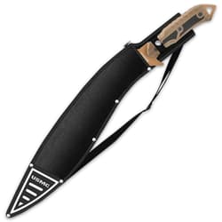 The 22” overall sawback kukri can be secured and carried in a tough and durable 600D nylon belt sheath with an adjustable shoulder strap