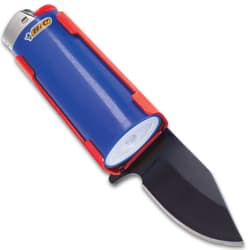 Blue "BIC" lighter partially enclosed with a black caddy pocket containing a pocket knife.