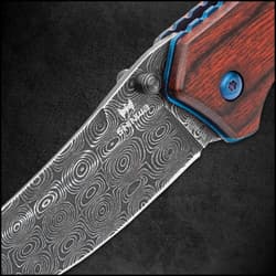 Shinwa Zhanshi Bloodwood Assisted Opening Pocket Knife - Stainless Steel Blade, Wooden Handle Scales, Blue Liners And Pocket Clip