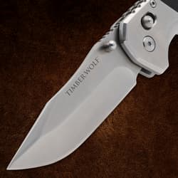 Closed folding knife with pocket clip on brown background