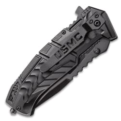 Closed black tactical knife with USMC clip