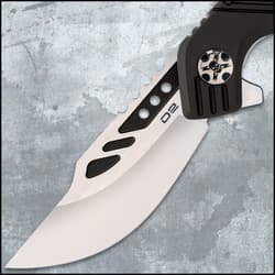 The black, textured handle is tough, injection molded nylon and has a finger-grooved grip and jimping on the back end
