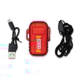 Red Bugout lighter with USB cable and lanyard