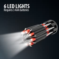 Text reads “6 LED Lights Requires 3 AAA Batteries” above an image of the Innov8 8-In-1 Screwdriver Flashlight with lights turned on.