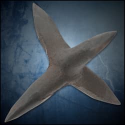 The caltrop is crafted of solid iron and has four piercing points, highly capable of piercing vehicle tires, when necessary