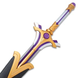 The anime sword has a V-shaped metal alloy guard that has silver, gold and purple accents