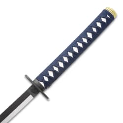 Close-up of katana handle with blue wrap