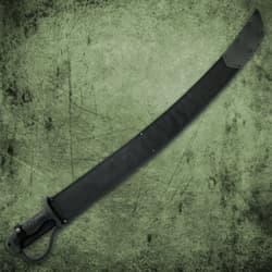 A gloved hand is shown holding the fiber filled ABS handle next to an image of the sheathed sword.