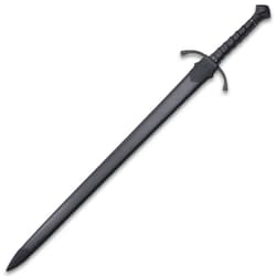 Black war sword with leather wrapped handle is secured in the black scabbard