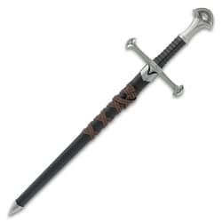 Full zoomed out view of middle ages warrior short broadsword in black sheath wrapped with brown leather belt