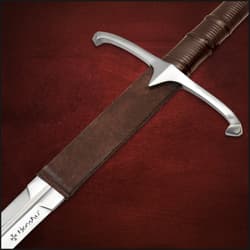 Claymore sword comes encased in a brown leather scabbard with a metal steel handguard and steel polished accents