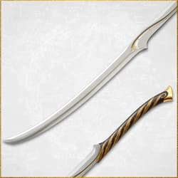 Close-up of a curved sword with ornate handle design