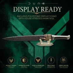 Display-ready crysknife with polystone stand and Atreides sigil