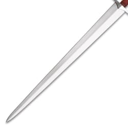 Close-up of a sword blade on white background