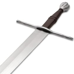 Close-up of sword hilt with leather grip