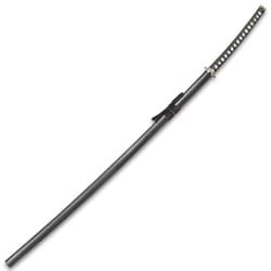 Odachi-style sword inside black wooden scabbard with black cord wrapped around the upper section.