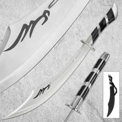 Close-up of scimitar with black handle and sheath