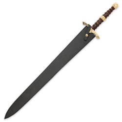 Sword shown strapped into a black leather sheath.