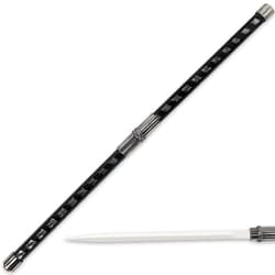 Twin ninja sword set locked together forming one long baton while showcasing the sharp pointed tip