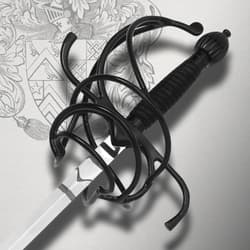 A closeup view of the black wire wrapped handle with intricate black twisted steel guard.