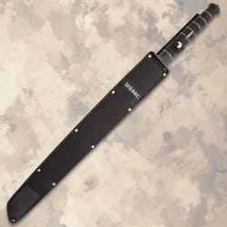 USMC sword sheathed in black cover with logo