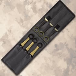 Black carrying case holding five throwing knives
