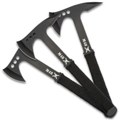 Each axe has a 5 1/5” wide, black 3Cr13 stainless steel head with a 2 1/2” blade and a penetration point on the back side