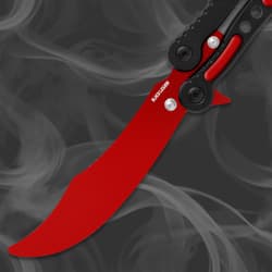 Close-up of red blade on butterfly knife