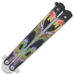 Twin Dragons Purple And Blue Butterfly Knife - Stainless Steel Blade, Aluminum Handle, Vivid Artwork, Latch Lock - Length 8 3/4”