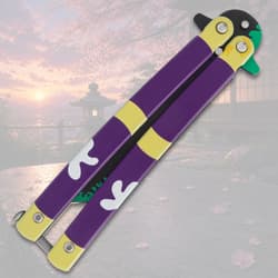 Closed butterfly knife with purple and yellow handle