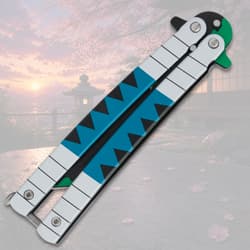Closed butterfly knife with blue and green handle, cherry blossom background