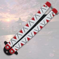 Closed butterfly knife with red and white design