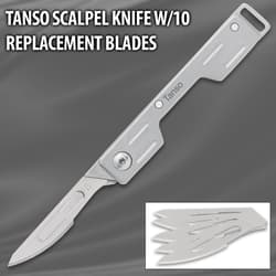 Tanso scalpel knife with 10 replacement blades on gray background