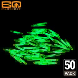 Pile of green glow sticks with 'Bugout' logo and '50 Pack' label
