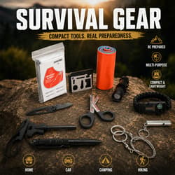 Survival gear set with tools and emergency items on a rock, labeled for preparedness