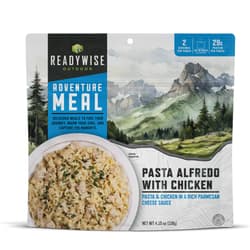 A view of the pasta alfredon in a bowl, in pouch and nutritional information