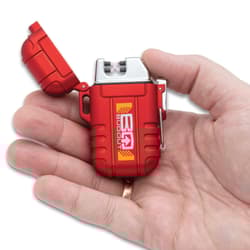 Hand holding a red Bugout lighter with open lid