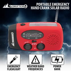 Portable emergency hand crank solar radio with flashlight and power bank features