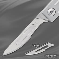 Close-up of a 2-inch scalpel blade with a diagram showing blade details