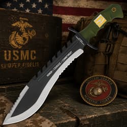 USMC knife with 'Honor, Courage, Commitment' on a wooden box