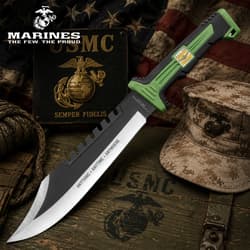 Tactical knife with green handle on USMC-themed background