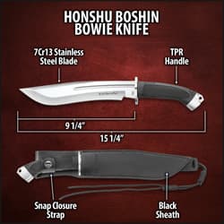 Honshu Boshin Bowie Knife with sheath and specs