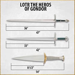 Dimensions of three swords labeled as LOTR Heroes of Gondor