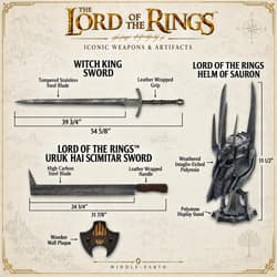 Lord of the Rings Witch King sword kit with dimensions and accessories displayed