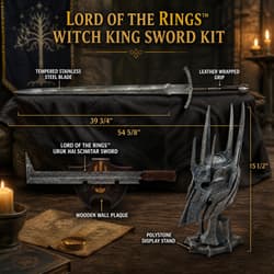 Lord of the Rings Witch King sword kit with dimensions and accessories displayed
