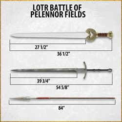 Dimensions of three LOTR weapons: sword, spear, and blade