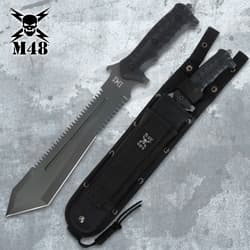 Serrated tactical knife with sheath on a textured background