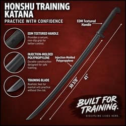Honshu training katana with EDM textured handle and injection-molded polypropylene blade for safe martial arts practice
