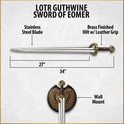 Diagram of LOTR Guthwine Sword of Eomer with dimensions and wall mount